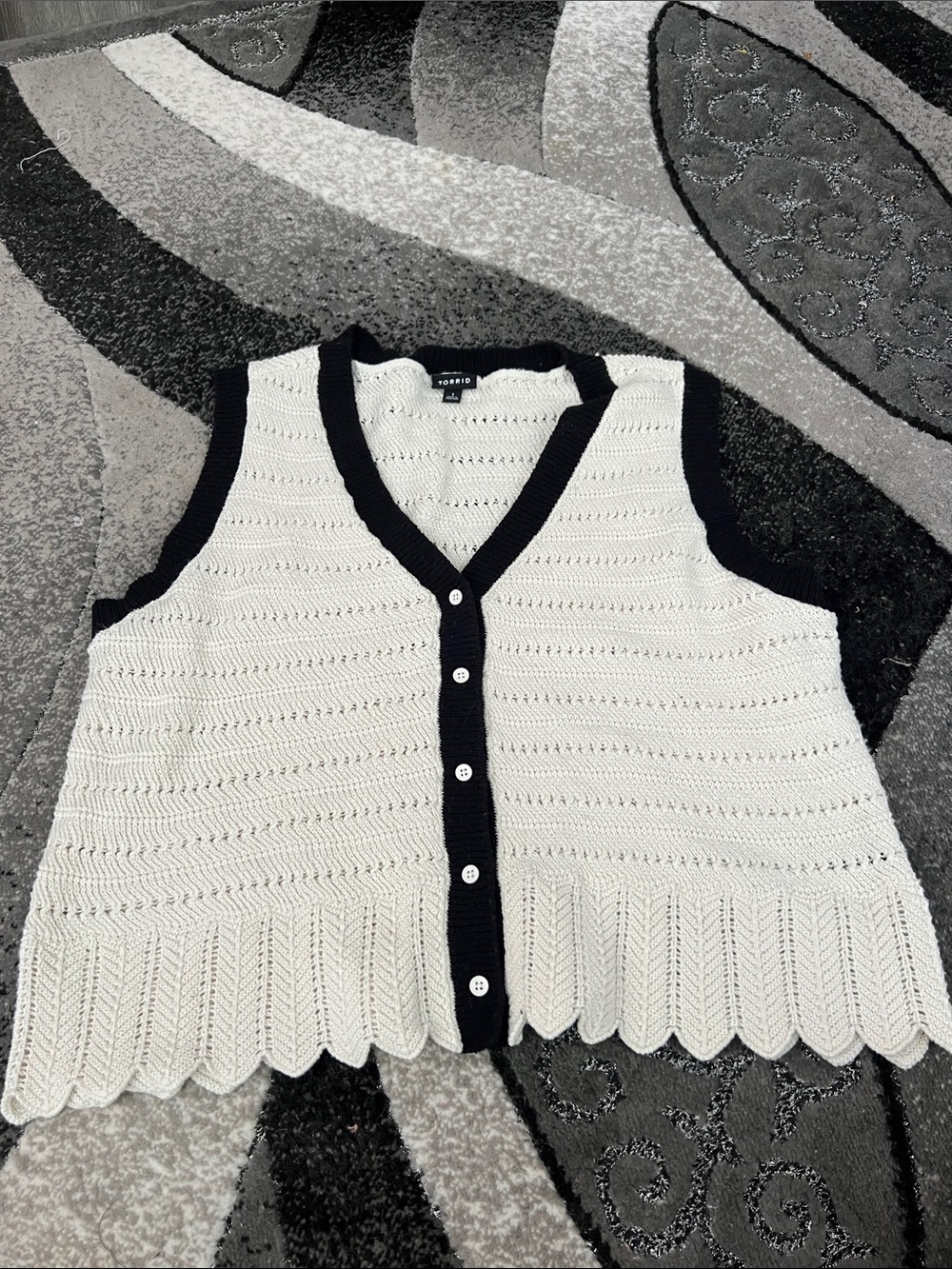 Plus Size Sleeveless V-Neck Crochet Cardigan Vest in White with Black Trim